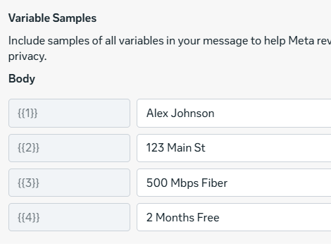 WhatsApp template variable samples showing placeholder mapping: {{1}} = Alex Johnson, {{2}} = 123 Main St, {{3}} = 500 Mbps Fiber, {{4}} = 2 Months Free