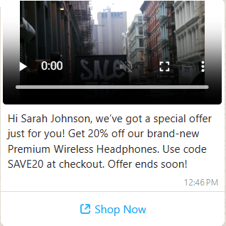 WhatsApp message with video header showing promotional offer for Premium Wireless Headphones with SAVE20 code and Shop Now button